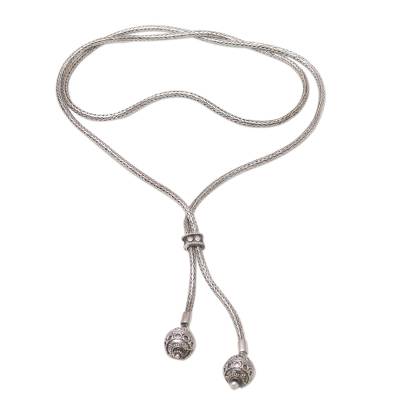 Balinese Sterling Silver Lariat Necklace with Two Orbs - Twin Orbs .