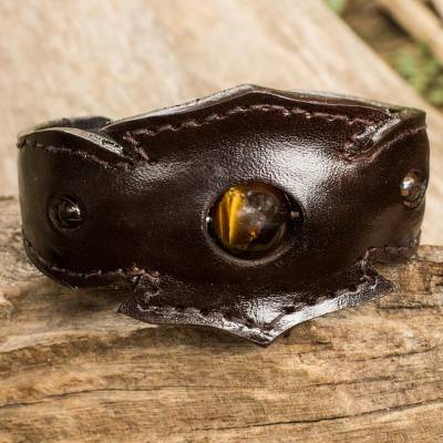 Men's Leather Cuff Bracelet Accented with Tiger's Eye - Fierce .