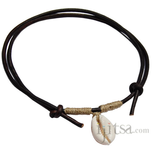 Leather, hemp and Cowry shell adjustable surfer necklace :: Ijit