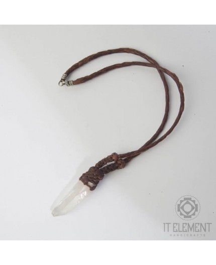 Leather necklace with clear quartz crystal, clasp is alpaca .