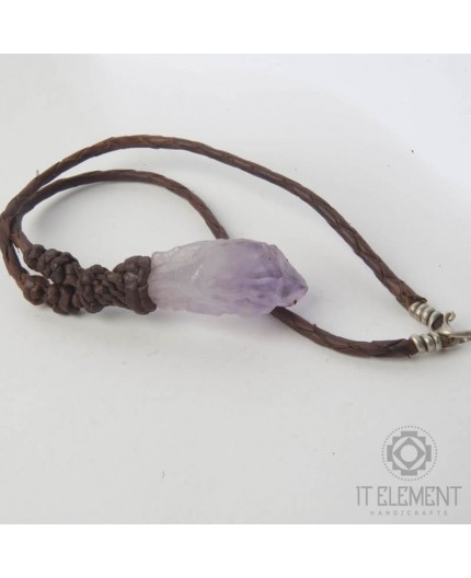 Leather necklace with amethyst crystal, clasp is alpaca (nickel .