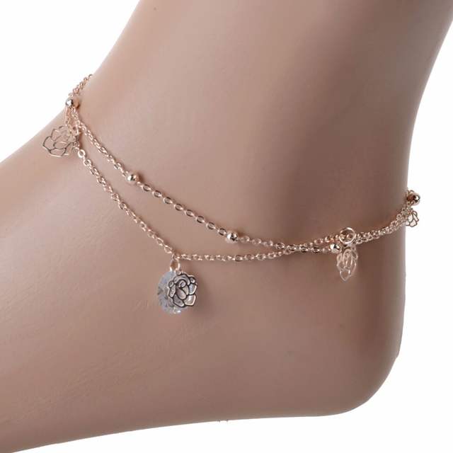 Pierced Flower Ankle Bracelet Beads Foot Chain Double Chain CZ Leg .