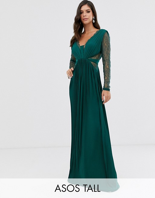 ASOS DESIGN Tall lace and pleat long sleeve maxi dress | AS
