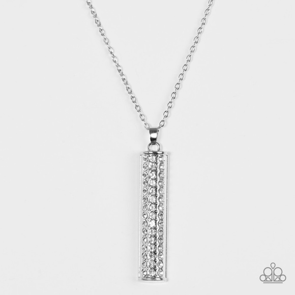 paparazzi Jewelry | Long Silver Necklace With Rhinestone Pendant .