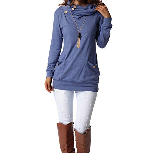 levaca Womens Long Sleeve Button Cowl Neck Casual Slim Tunic Tops .