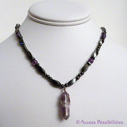 Amethyst Wire Wrap Crystal Point Magnetite Magnetic Necklace .