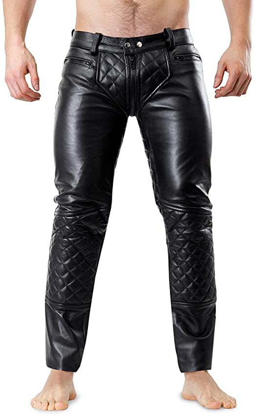Bockle® 5G-Zip Quilted Mens Black Leather Pants with Trough Zipper .