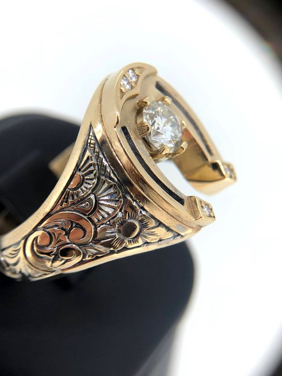 Unique Mens Ring, Mens Diamond Ring, Horseshoe Ring, Solid 14k .