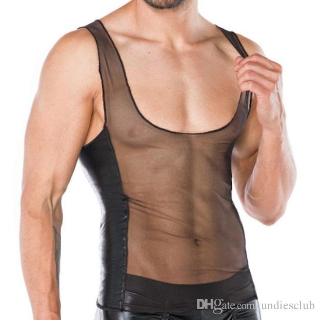 2020 Mesh Mens Tank Tops Fashion Faux Leather Patchwork Thin Sheer .