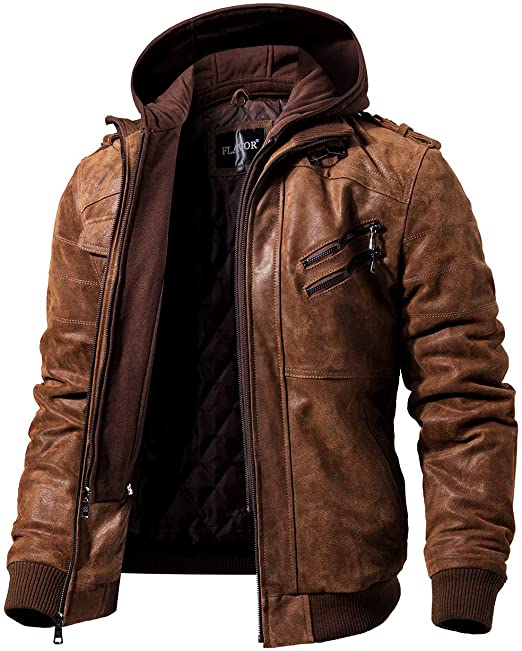 FLAVOR Men Brown Leather Motorcycle Jacket with Removable Hood at .