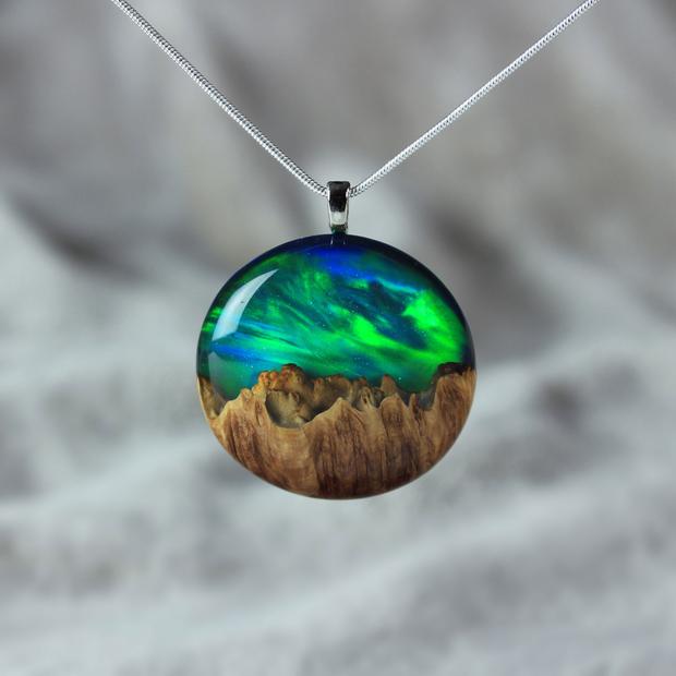 Aurora Opal Necklace - Handmade jewelry made from opal and wood .