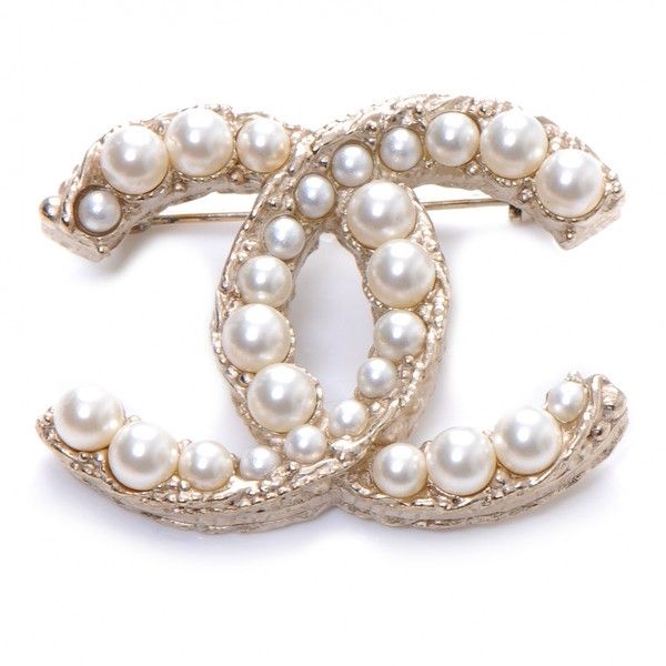CHANEL CC Pearl Brooch Pin Gold ❤ liked on Polyvore featuring .
