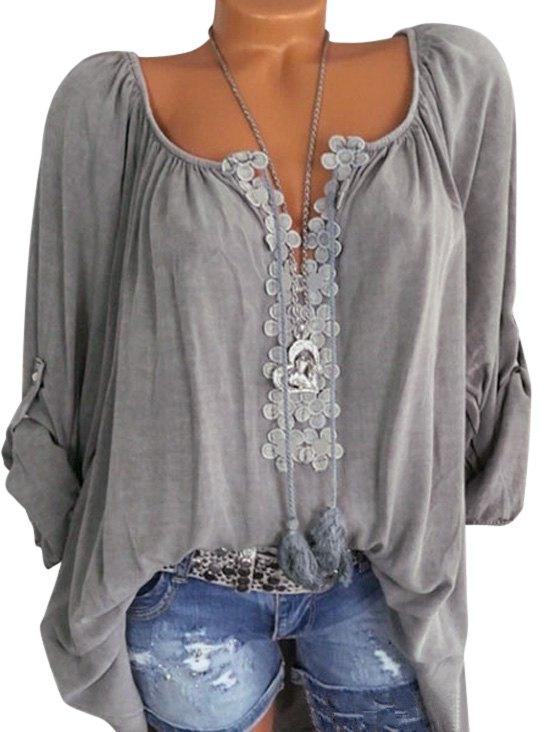 62% OFF] Plus Size Roll Up Sleeve Lace Crochet Peasant Blouse .
