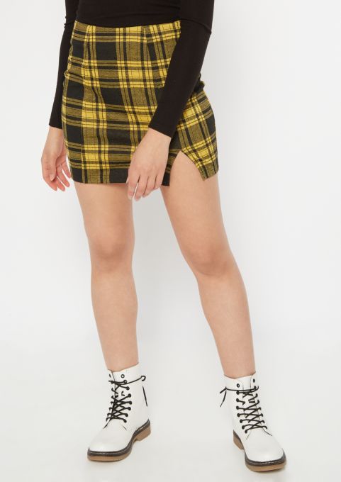 Yellow Plaid Print Side Slit Mini Skirt | Mini Skirts | rue