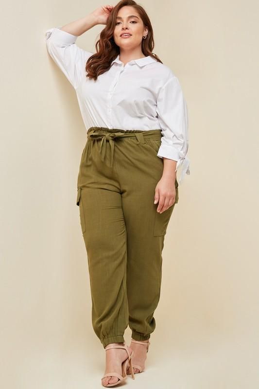 Olive Plus Size Linen Paper-bag Tapered Trousers | Tapered pants .