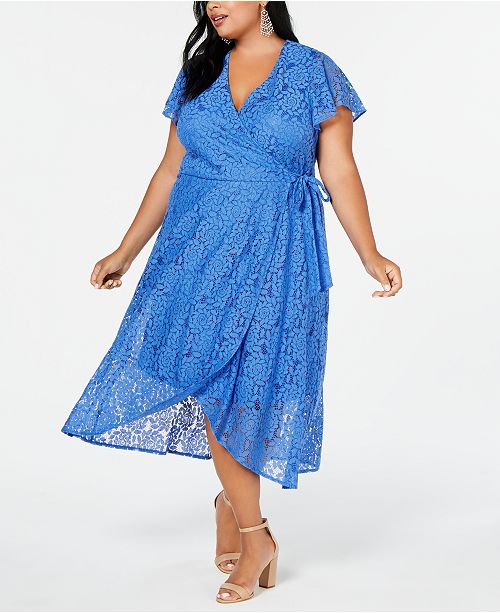 Jessica Howard Plus Size Lace Wrap High-Low Maxi Dress .