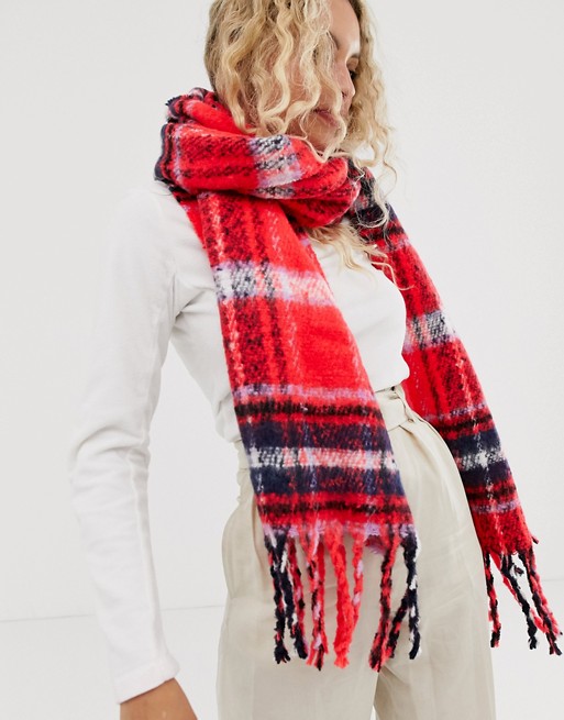 ASOS DESIGN oversized long fluffy red tartan check scarf | AS