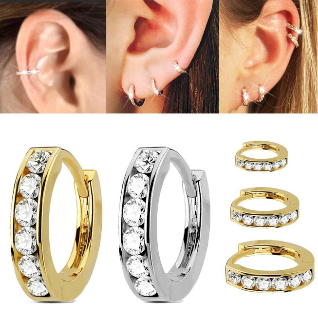 14K Gold Jeweled Cartilage, Helix, Conch Single Hoop Earri