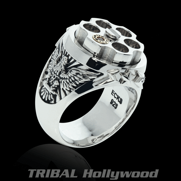 LAST SHOT Revolver Eagle Mens Ring in Silver and Gold from Ec