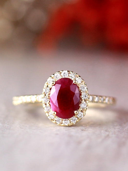 8x6MM Oval Ruby and Diamond Halo Solid 14KG Engagement Ri