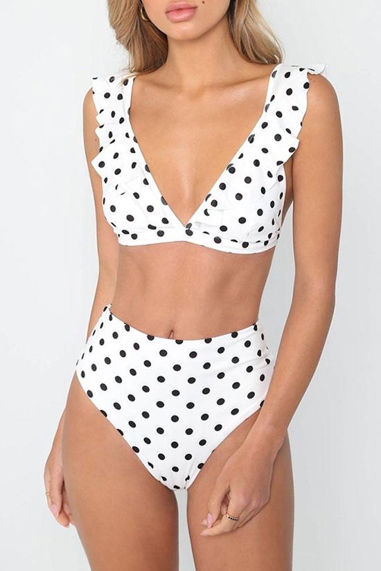 Pretty Polka Dots Ruffle Bikini Swimsuit Two Piece Set - TeeShirts