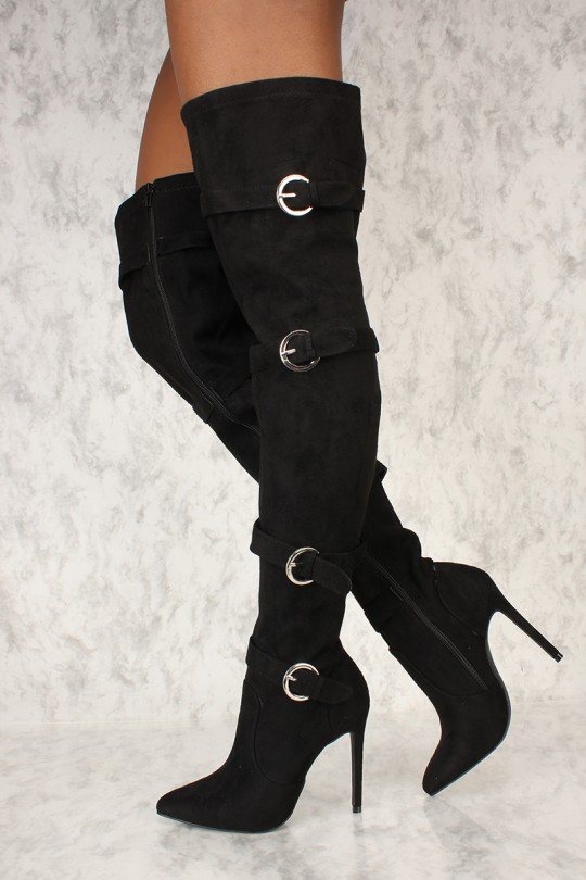 Sexy Black Buckle Pointy Thigh High Heel Boots Faux Sue