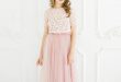 Two Pieces A-line Scoop Prom Dress Lace Pink Short Sleeve Prom .