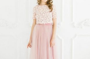 Two Pieces A-line Scoop Prom Dress Lace Pink Short Sleeve Prom .