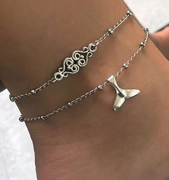 Set of 2 silver anklets with tail cha