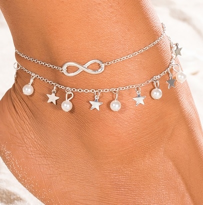 Silver anklet with stars, pearls and infinity cha