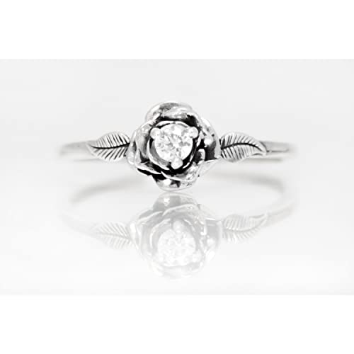 Amazon.com: White Sapphire Rose Engagement Ring, Dainty Sterling .