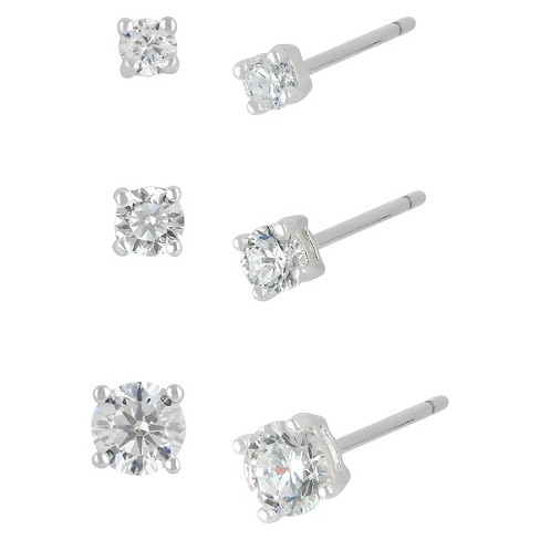 Women's Sterling Silver Stud Earrings Set With 3 Pairs Of Round .