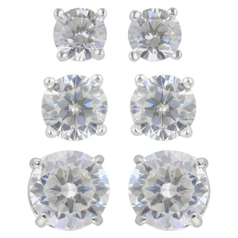 Women's Sterling Silver Stud Earrings Set Of 3 Post Round Cubic .