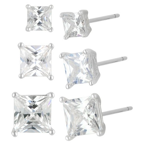 Women's Sterling Silver Stud Earrings Set With 3 Pairs Or Square .