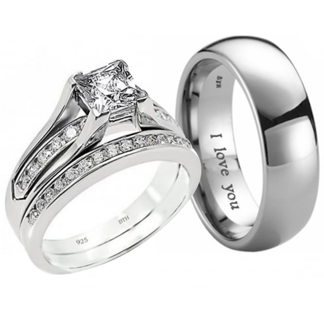 New His And Hers Titanium /925 Sterling Silver Wedding Engagement .