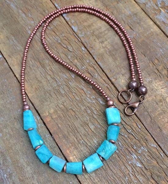 Raw Stone Necklace, Blue Raw Stone Jewelry, Boho Beaded Stone .