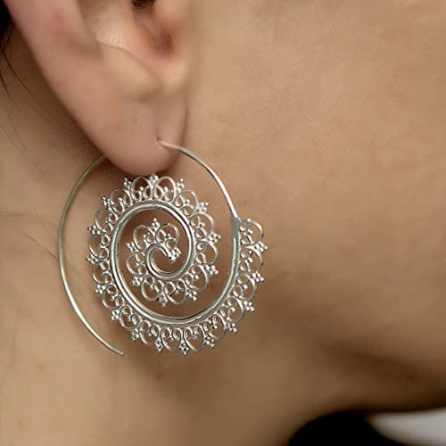 Amazon.com: Boho Hoop Earrings, Unique Tribal Silver Large Spiral .