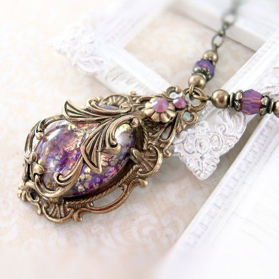 Victorian Cabochon Necklace - Antique Brass Vintage Style Jewelry .