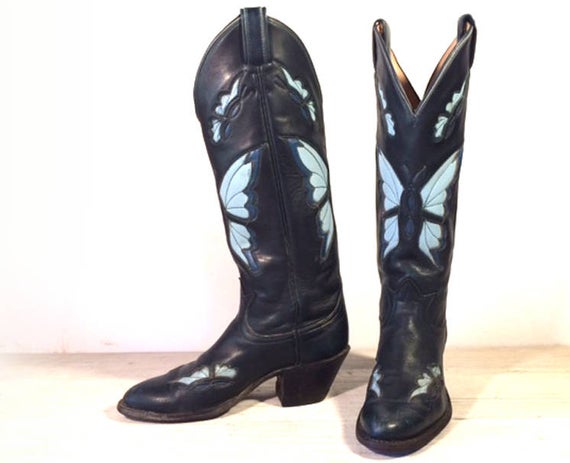 Vintage Cowboy Boots Tall Tony Lama Black Label Navy All | Et