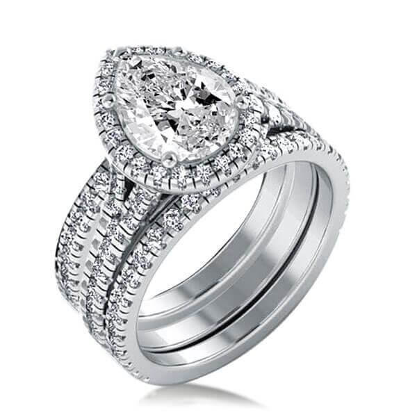 Wedding Ring Band Sets,Halo Pear Created White Sapphire 3PC .