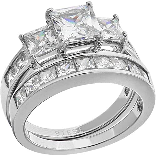 Amazon.com: Stainless Steel Princess Cut Wedding Ring Sets for .