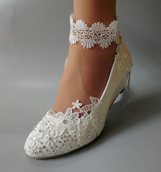 Handmade Women White pearl Wedding shoes Wedges Pumps High Heels .