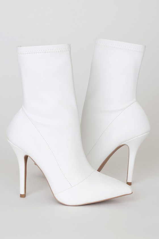 Cute White Vegan Leather Boots - Sock Boots - Pointed-Toe Boo