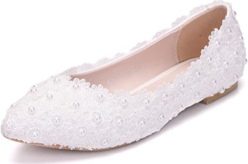 Amazon.com | Melesh White Lace Flower Pearls Bride Flat Shoes for .