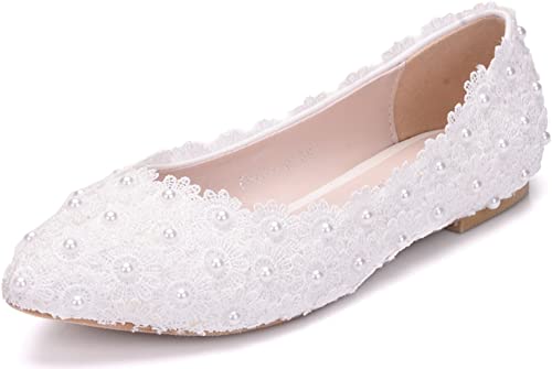 Amazon.com | Melesh White Lace Flower Pearls Bride Flat Shoes for .