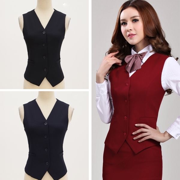 Women Vests Flight Attendant Work Waistcoat Slim Casual Button .