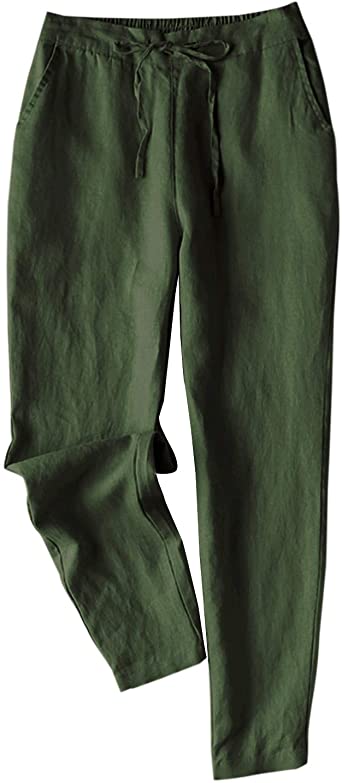 IXIMO Women's Tapered Pants 100% Linen Drawstring Back Elastic .