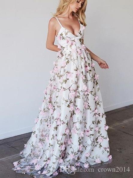 2019 Beautiful Floral Printed Prom Dresses Long Spaghetti Straps .
