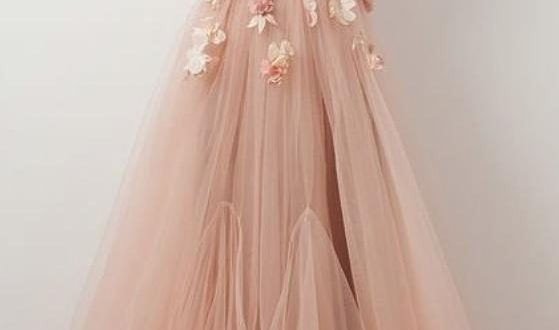 A-line V neck Beautiful Floral Prom Dresses Tulle Long Prom Dress .
