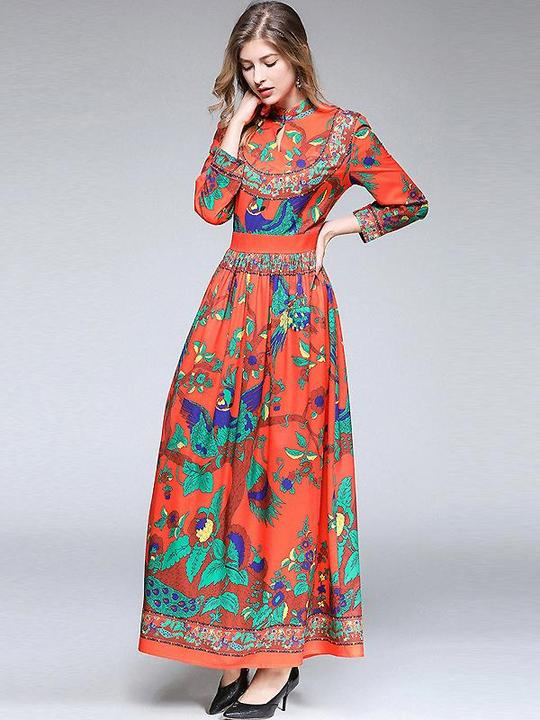 Chic Print Stand Collar High Waist Pleated Maxi Dress | Dresses .